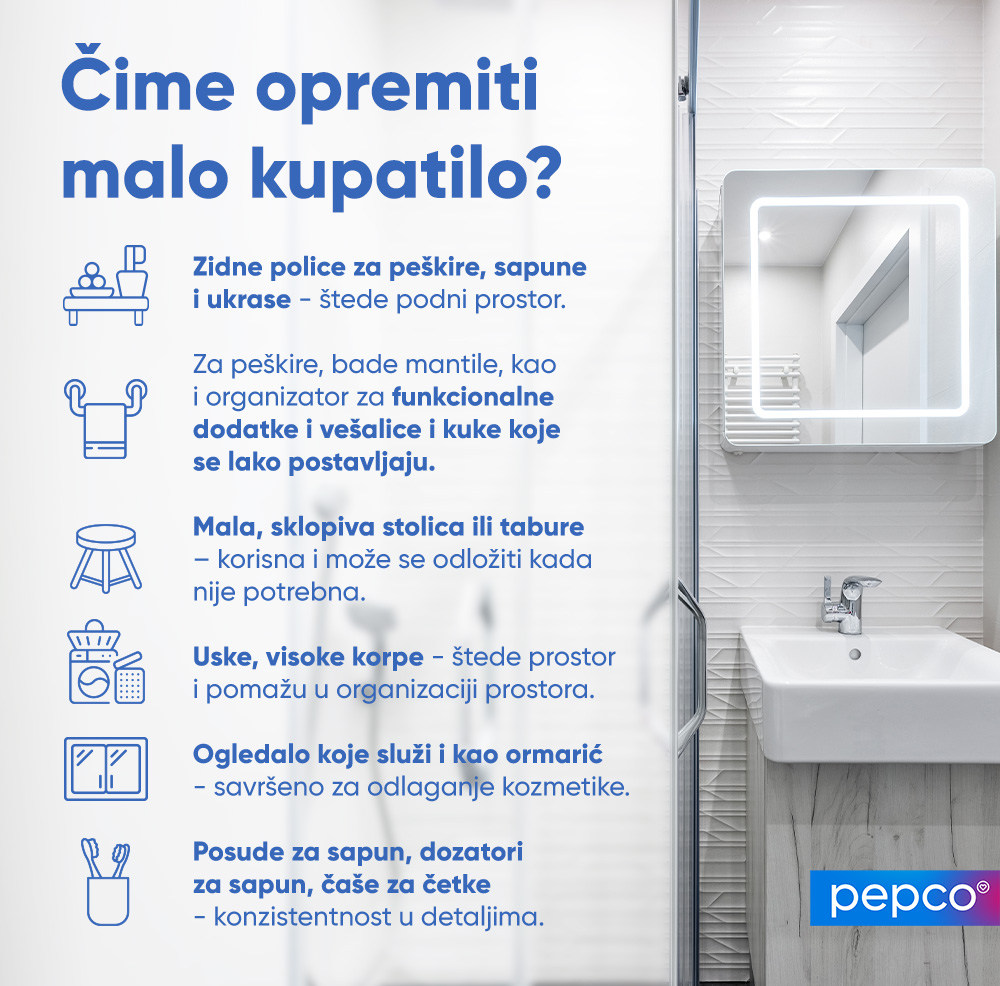 Pepco infografika o odabiru ukrasa i dodataka za malo kupatilo